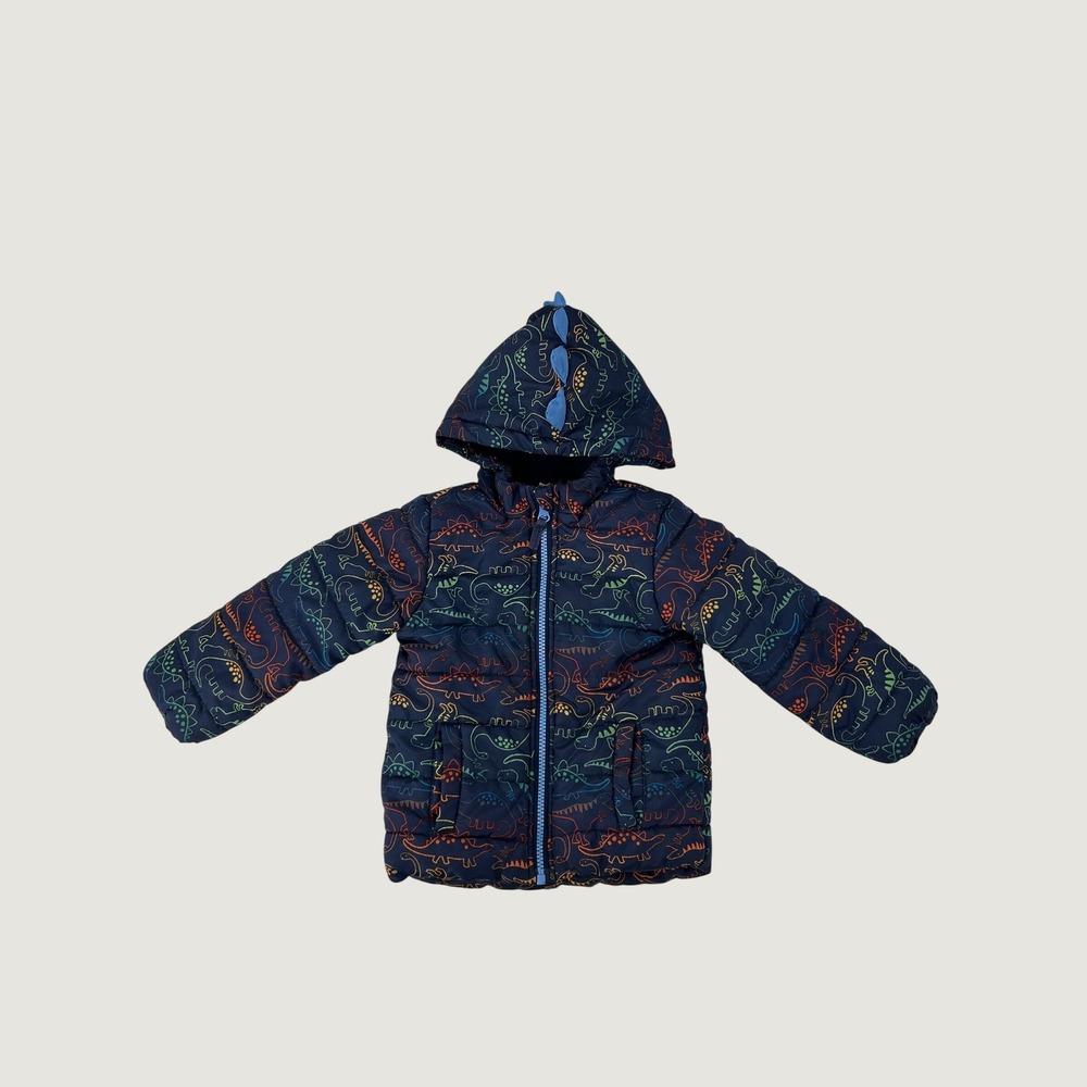 Little Me Boys Navy Blue Dinosaur Print Hooded Puffer Jacket Size 2T